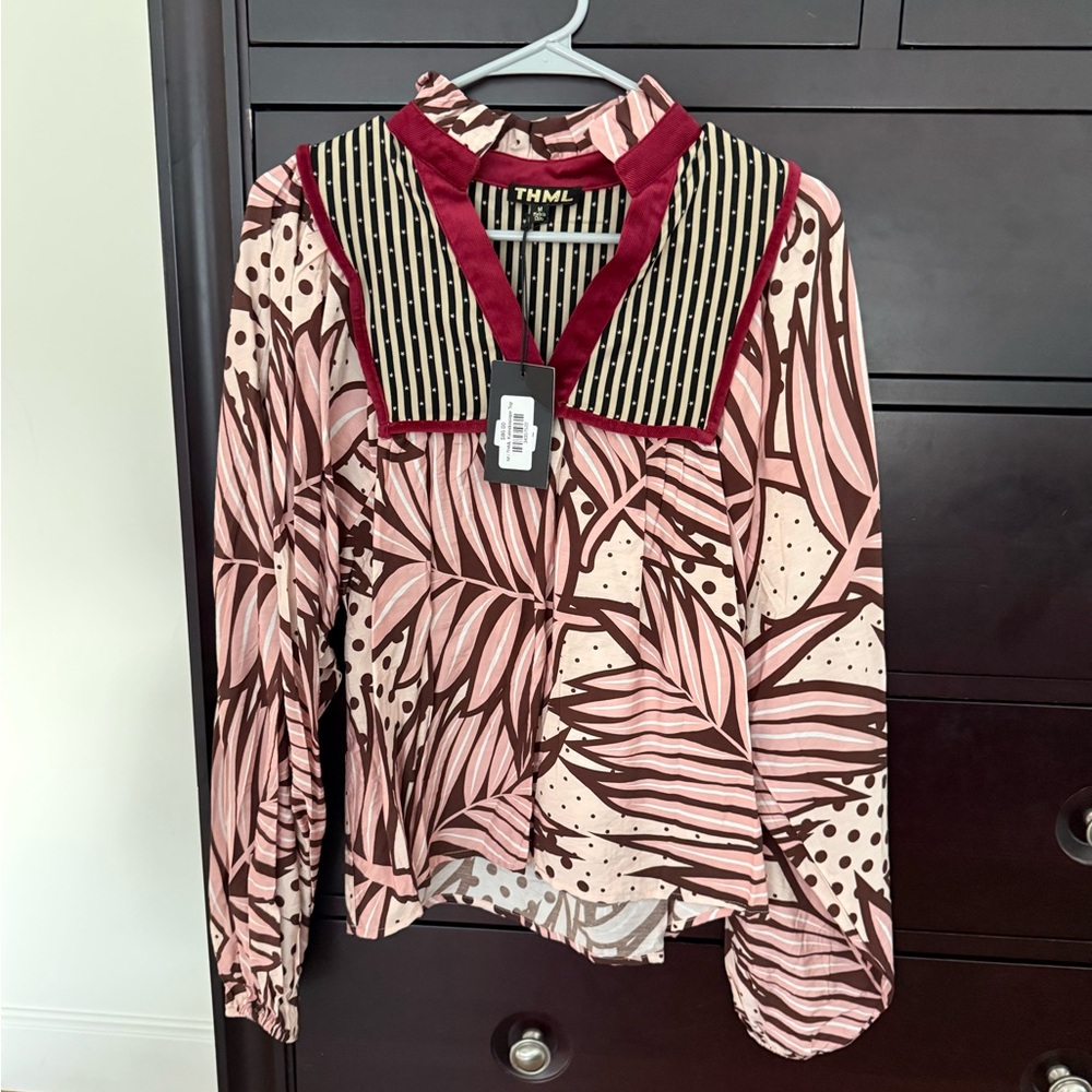 THML Women's Pink and Black Leaf Print Blouse